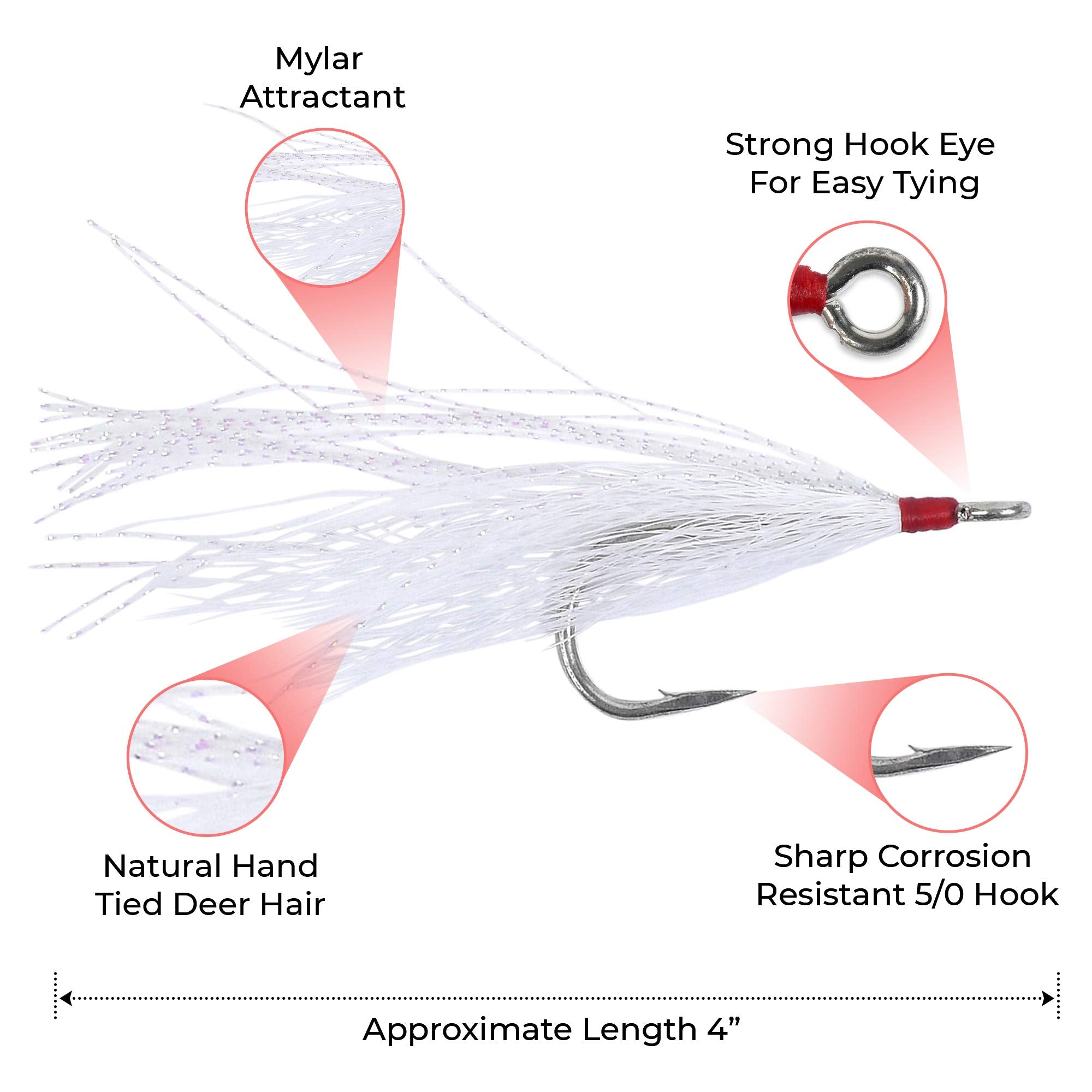 Pack of 12 Bucktail Teaser lures in White/Pink color