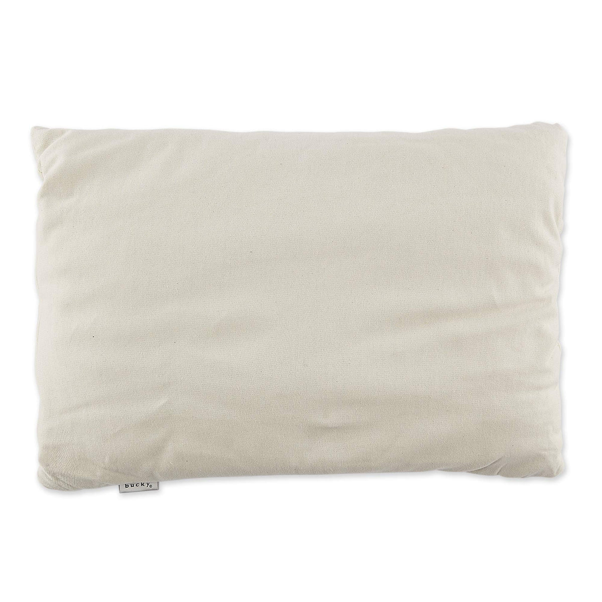 Bucky buckwheat pillow 23x16, compact size, supports neck alignment during sleep.