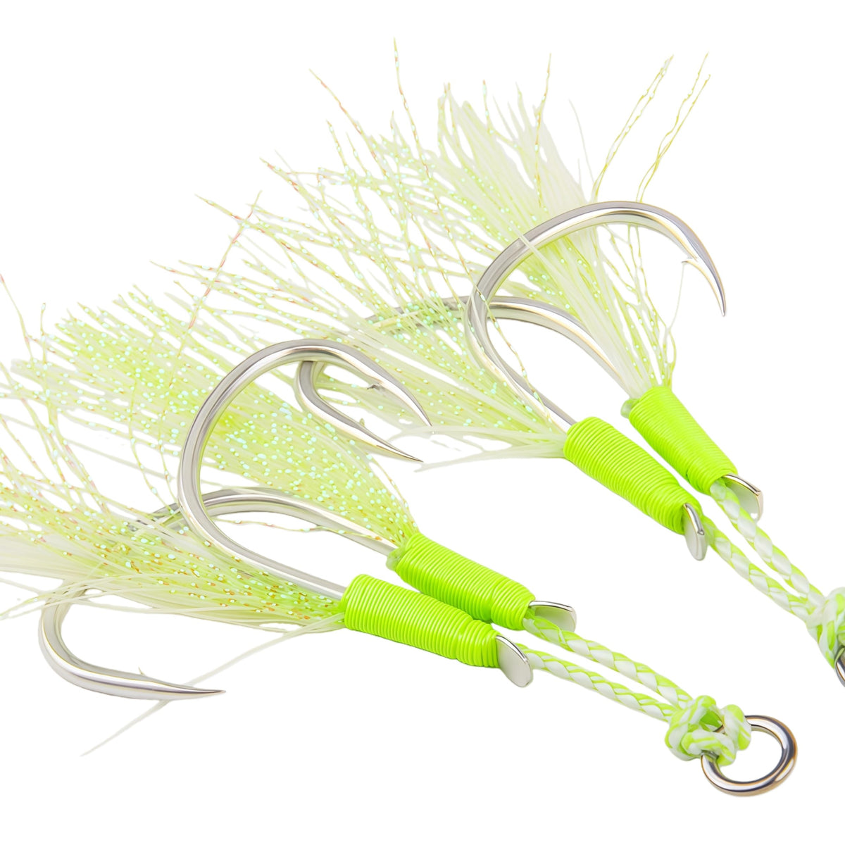 BUCUS Captain's jigging assist hooks with glow tassels for better lure visibility.
