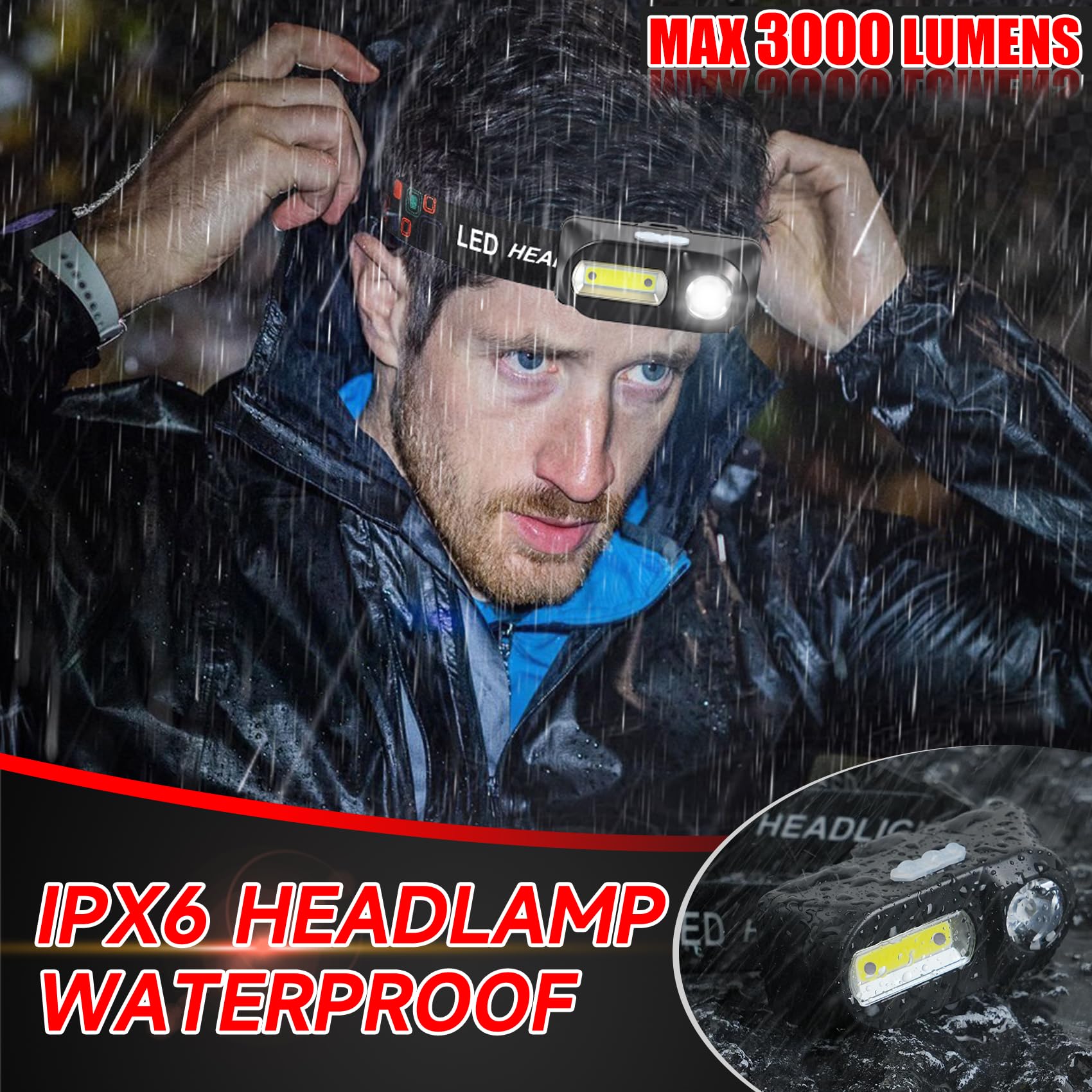 Bud K headlamp IPX4 waterproof rugged build for rain or mud.