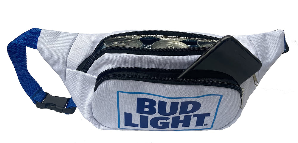 Bud Light fanny pack with insulated compartment keeping up to 3 beers cold on outdoor adventures.