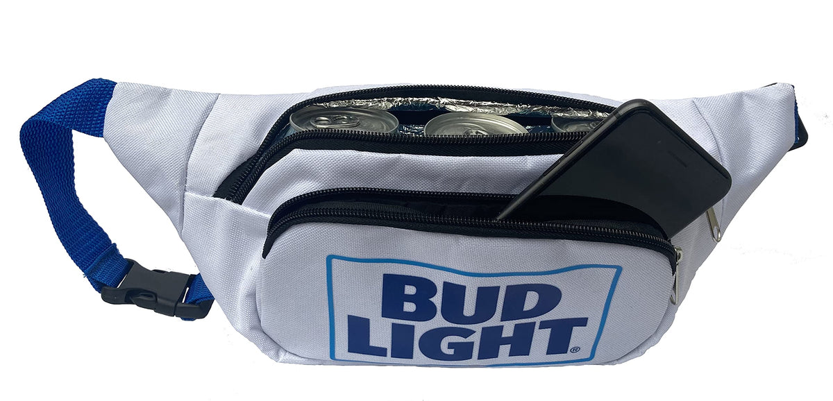 Bud Light fanny pack with insulated compartment keeping up to 3 beers cold on outdoor adventures.