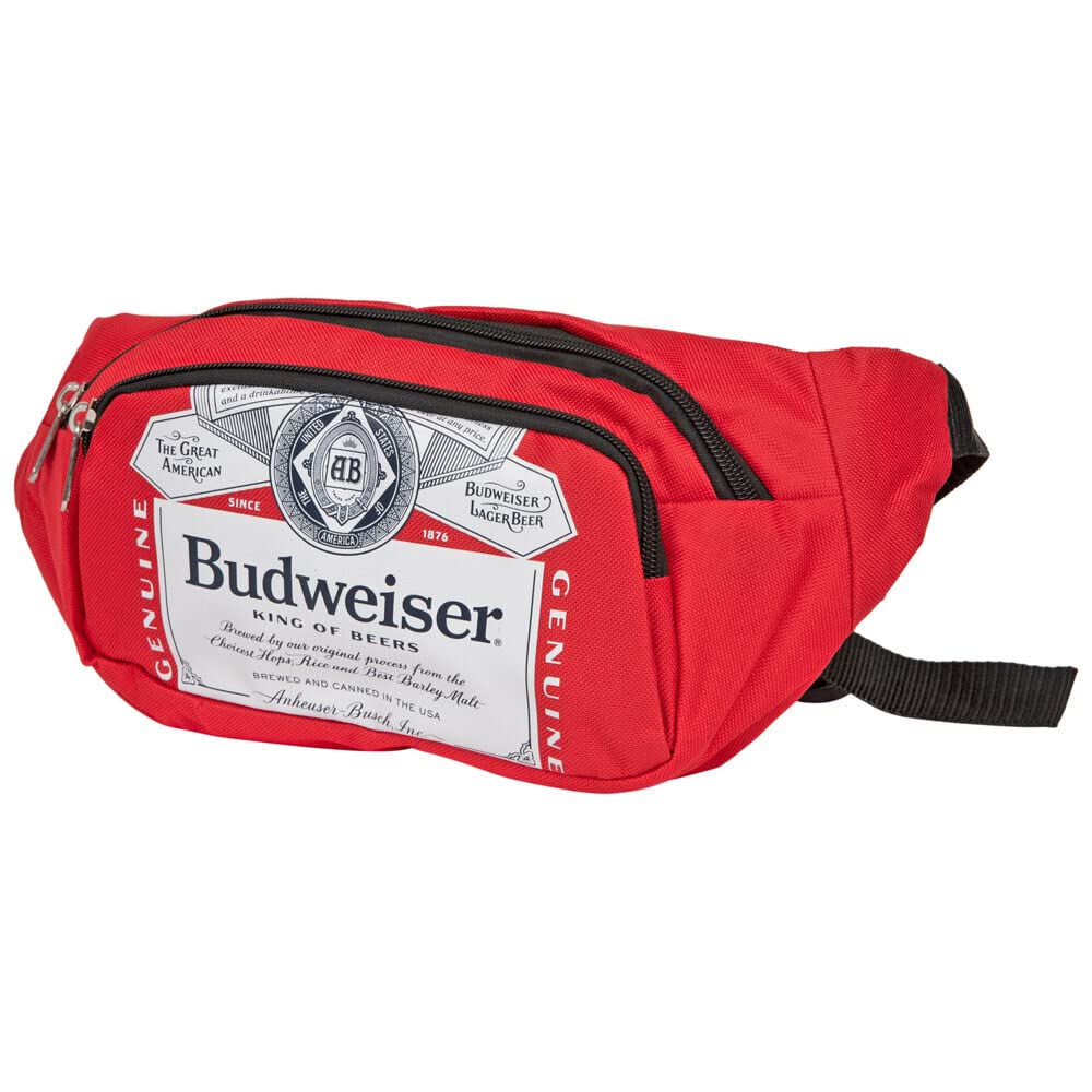 Budweiser fanny pack cooler side view with adjustable waist strap for comfort.