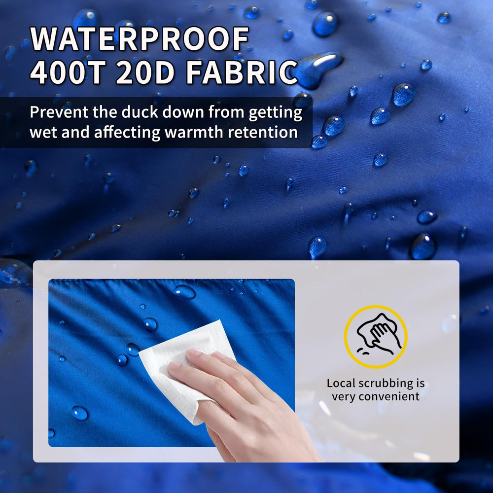 BUERTS Down Sleeping Bag 400T fabric resists wind and light moisture for outdoor use.
