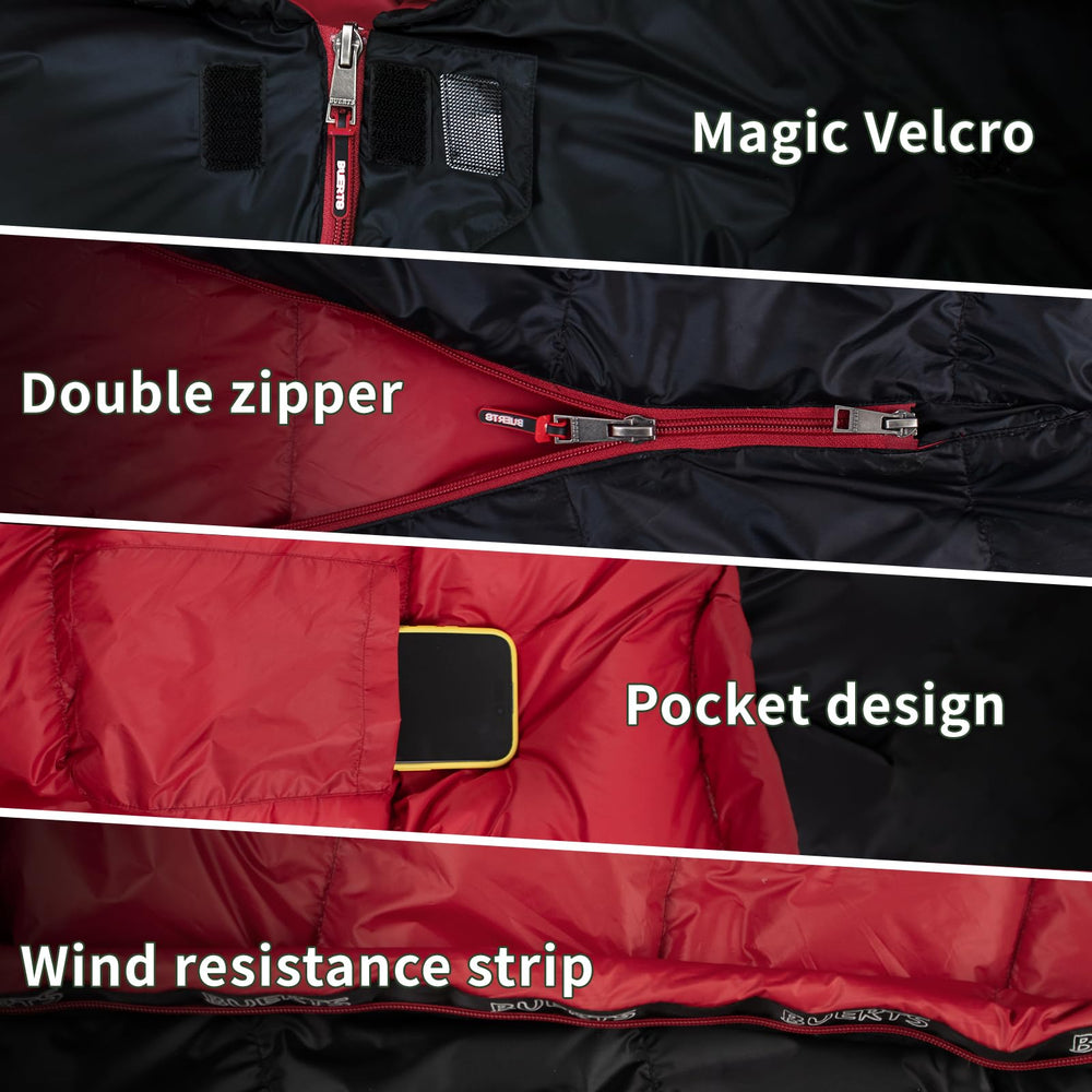 BUERTS down sleeping bag dual-zip-connection enables a double-wide setup for couples.