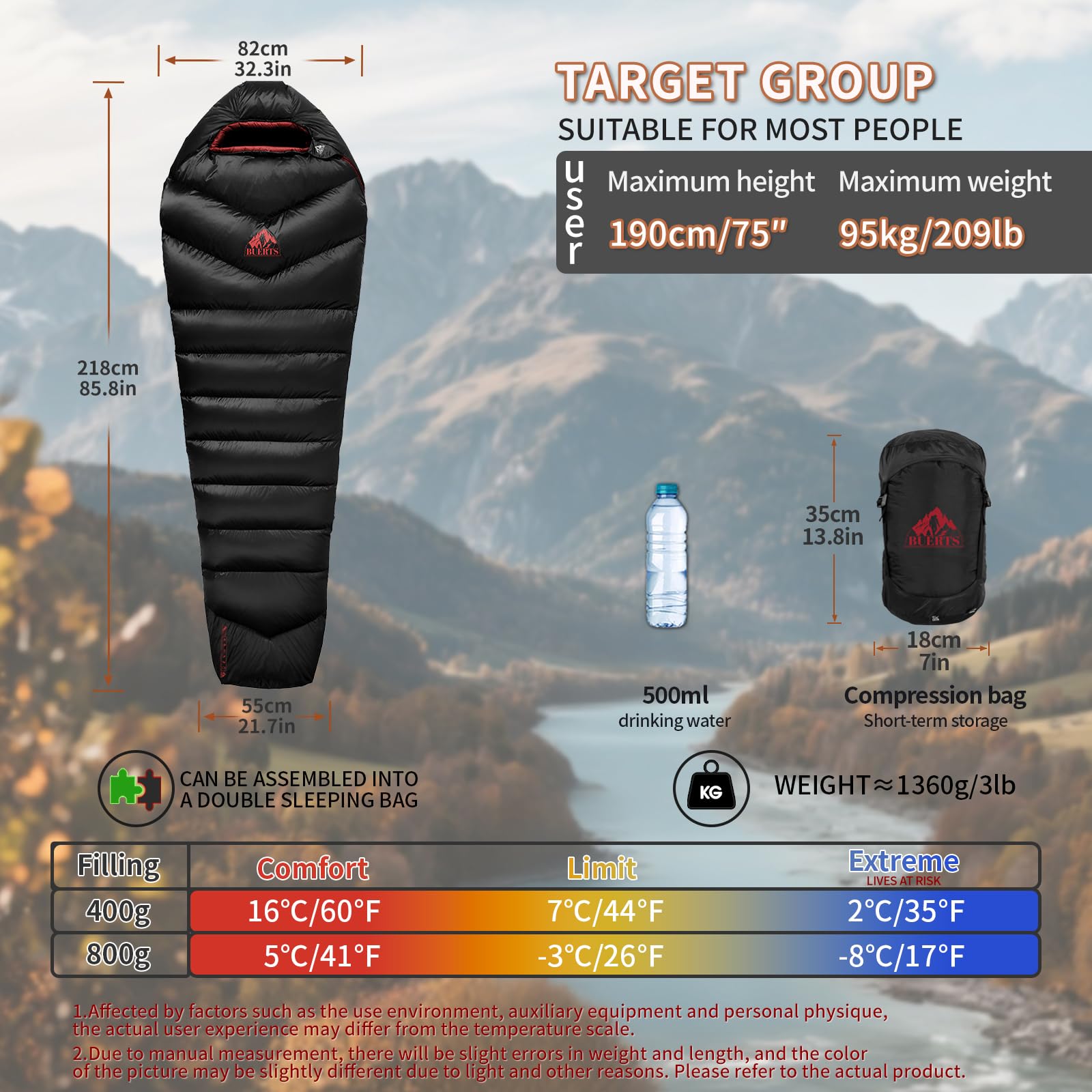 BUERTS down sleeping bag heat-retention demonstrates warmth on cool nights.