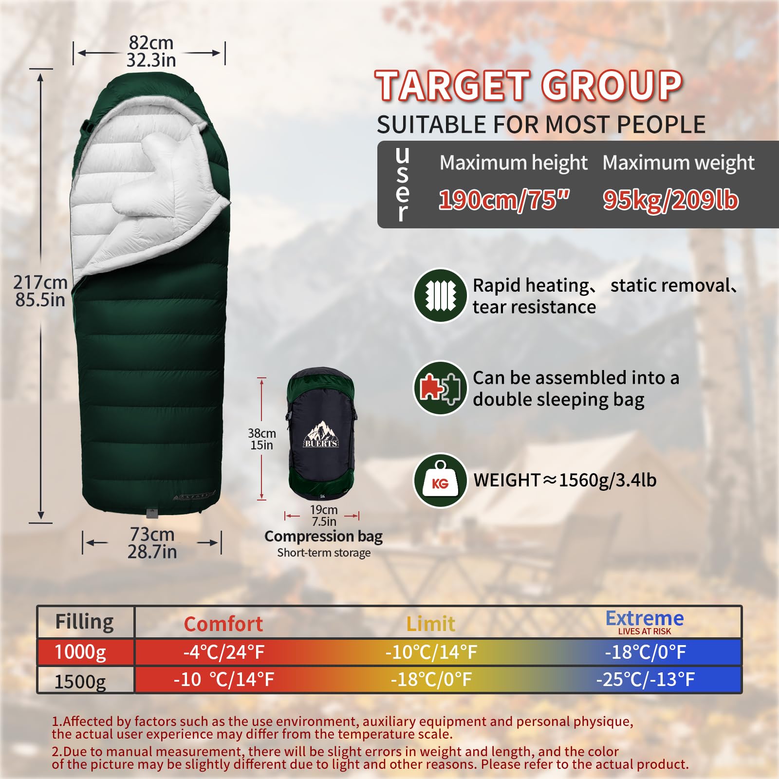 BUERTS down sleeping bag interior compartments ensure even down distribution for warmth