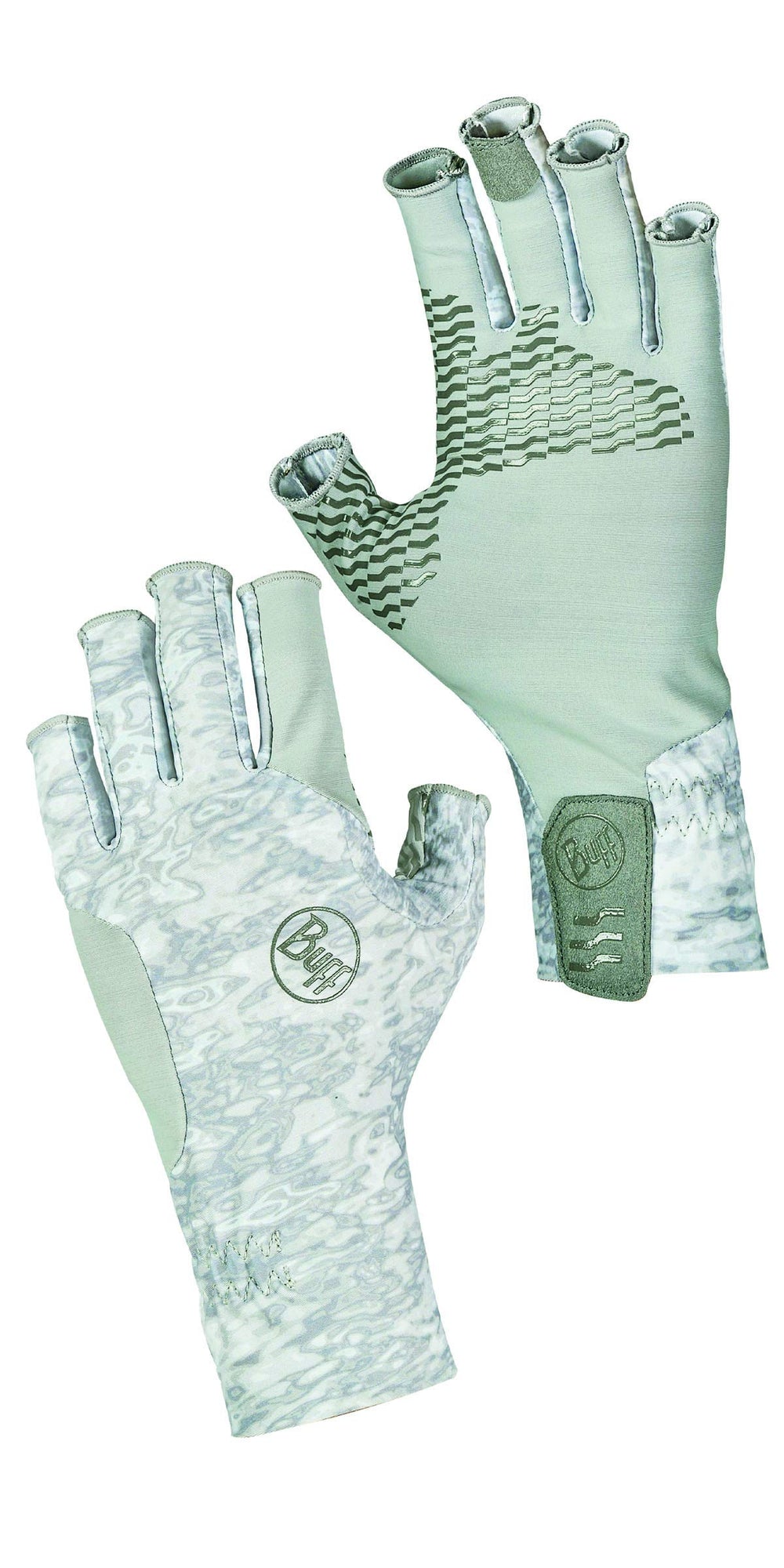BUFF Adult Aqua Gloves: camo white, UPF 50+ protection for sunny water days.