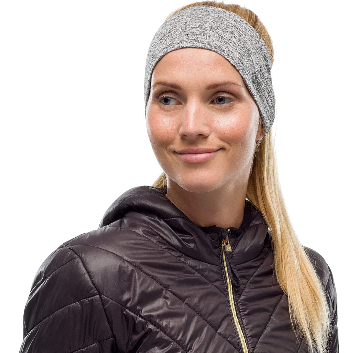 BUFF Dryflx headband light-grey with night reflectivity enhances visibility during outdoor workouts.