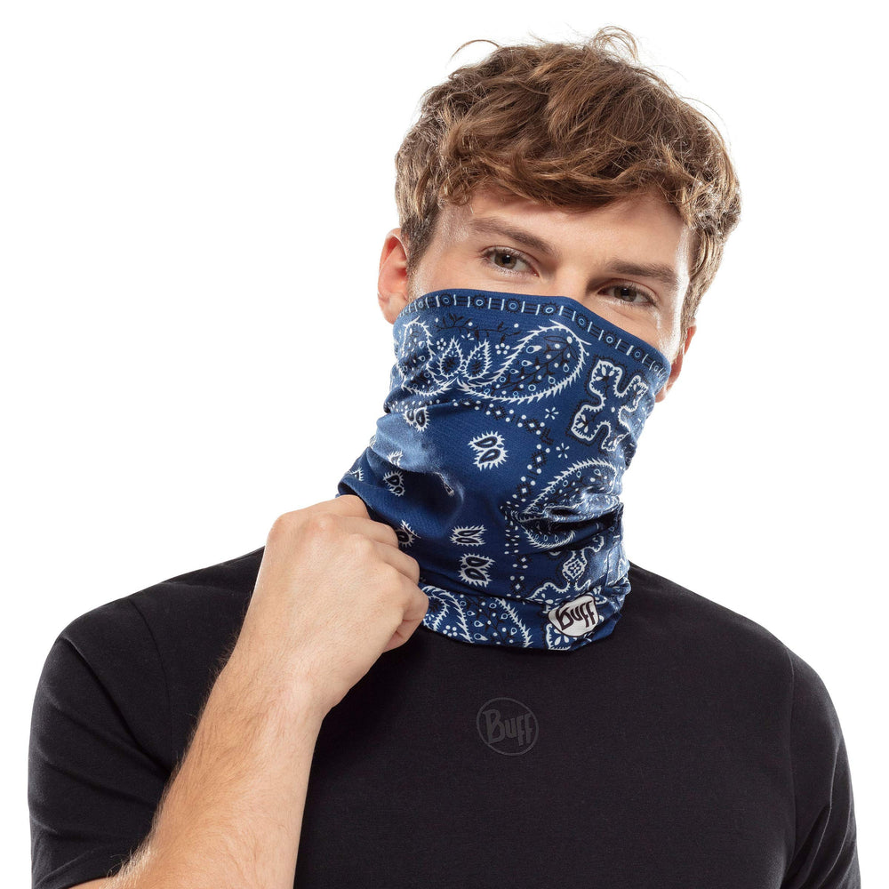 Buff CoolNet UV neck gaiter Santana Navy closeup fabric shows breathable, quick-dry performance.