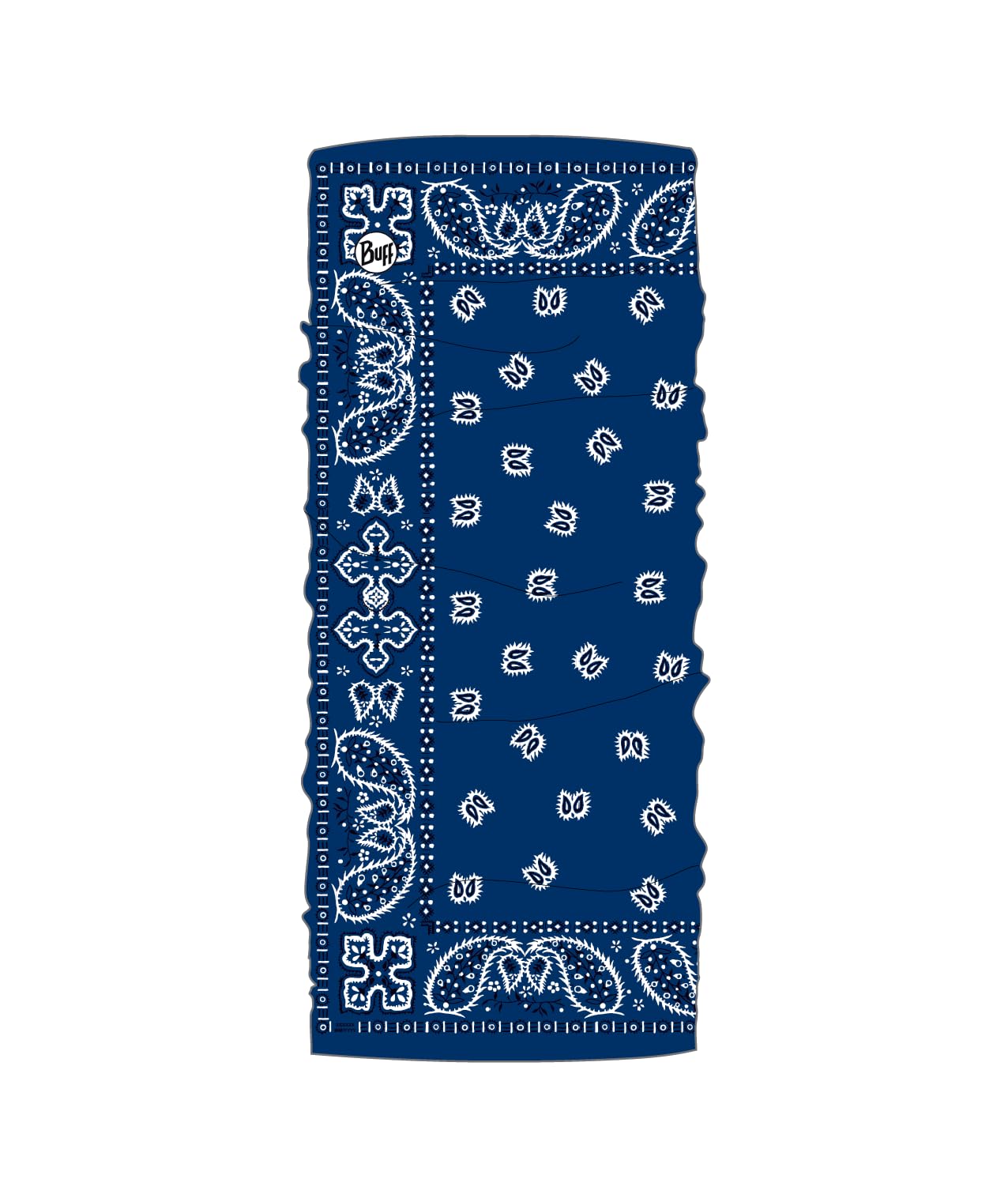 Buff CoolNet UV neck gaiter Santana Navy worn by a hiker for sun protection and cooling.