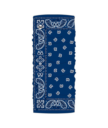 Buff CoolNet UV neck gaiter Santana Navy worn by a hiker for sun protection and cooling.