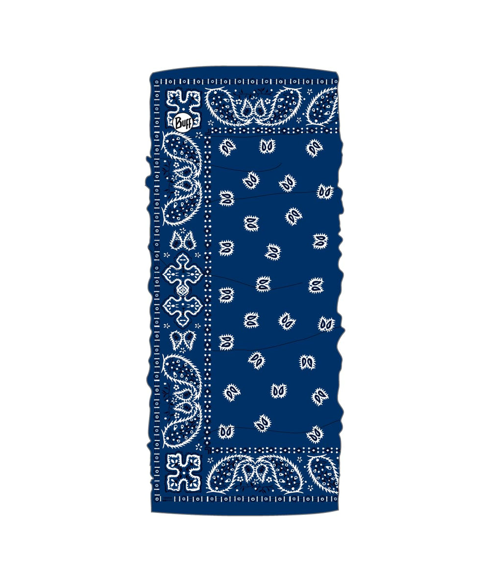 Buff CoolNet UV neck gaiter Santana Navy worn by a hiker for sun protection and cooling.