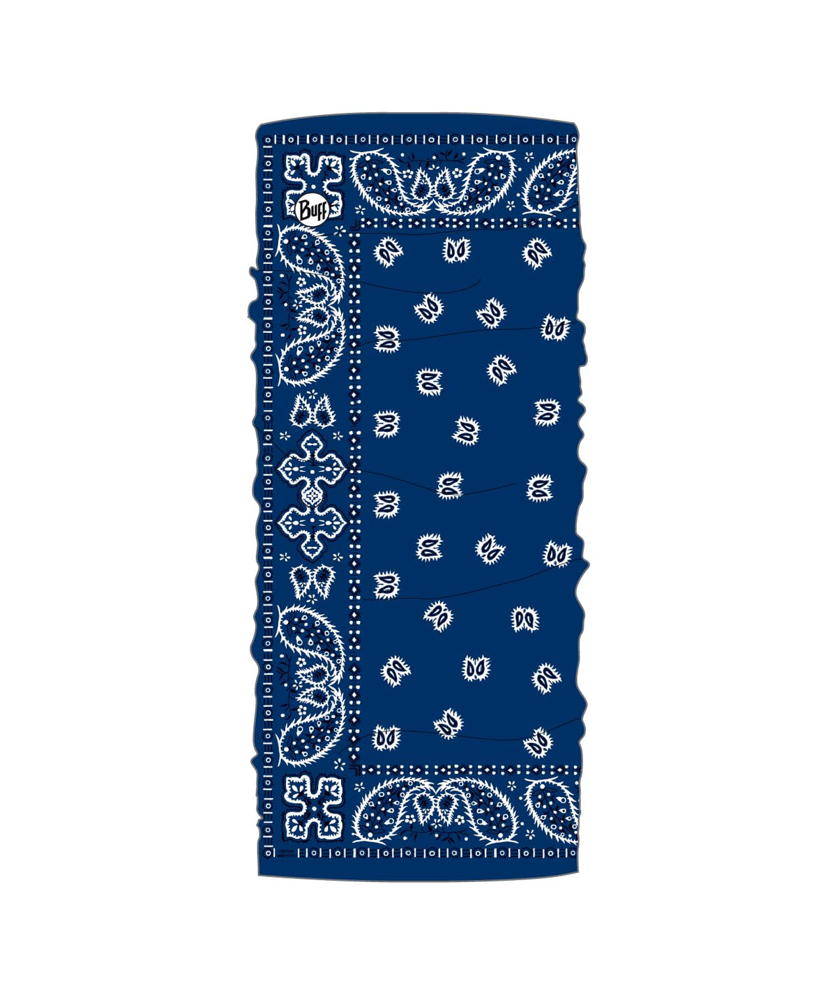 Buff CoolNet UV neck gaiter Santana Navy worn by a hiker for sun protection and cooling.