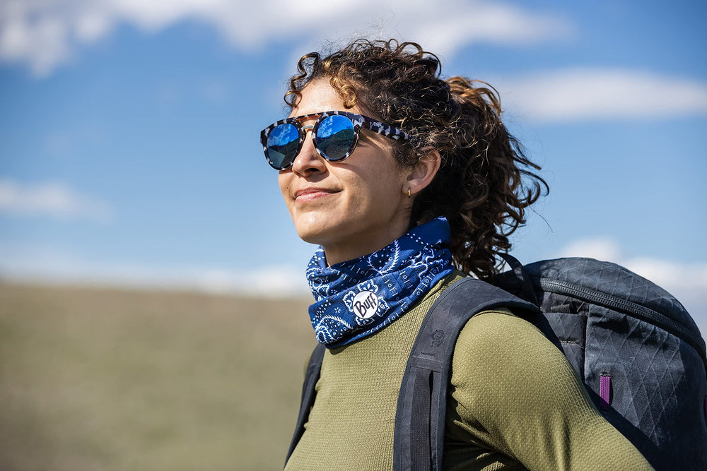 Buff CoolNet UV neck gaiter Santana Navy packable setup for versatile use.