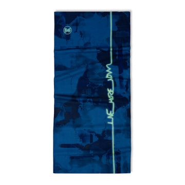 Buff neck gaiter cobalt close-up highlights sweat-wicking inner band