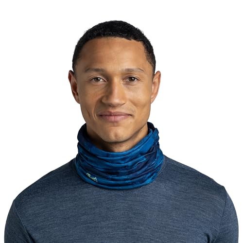 Buff neck gaiter cobalt worn as scarf demonstrates multi-use style