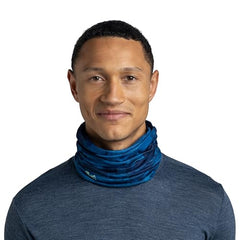 Buff neck gaiter cobalt worn as scarf demonstrates multi-use style