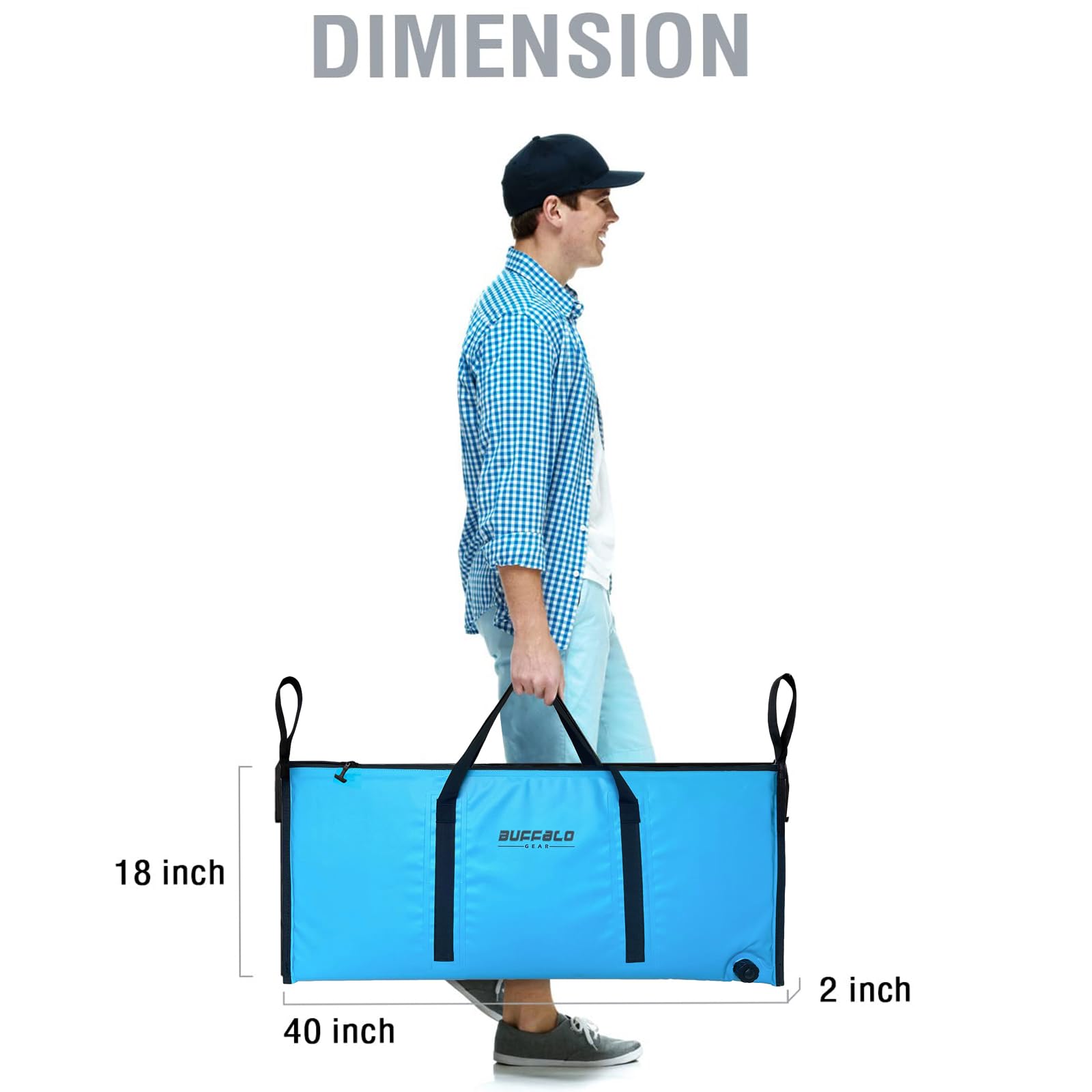 Buffalo Gear blue waterproof bag designed for fishing trips and outdoor adventures.