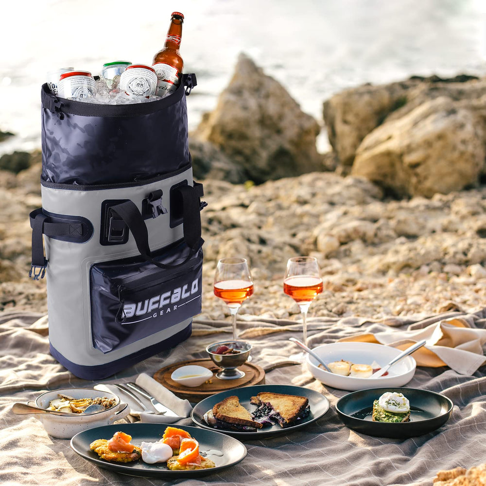Buffalo Gear cooler backpack inside liner showing leakproof insulation for beverages