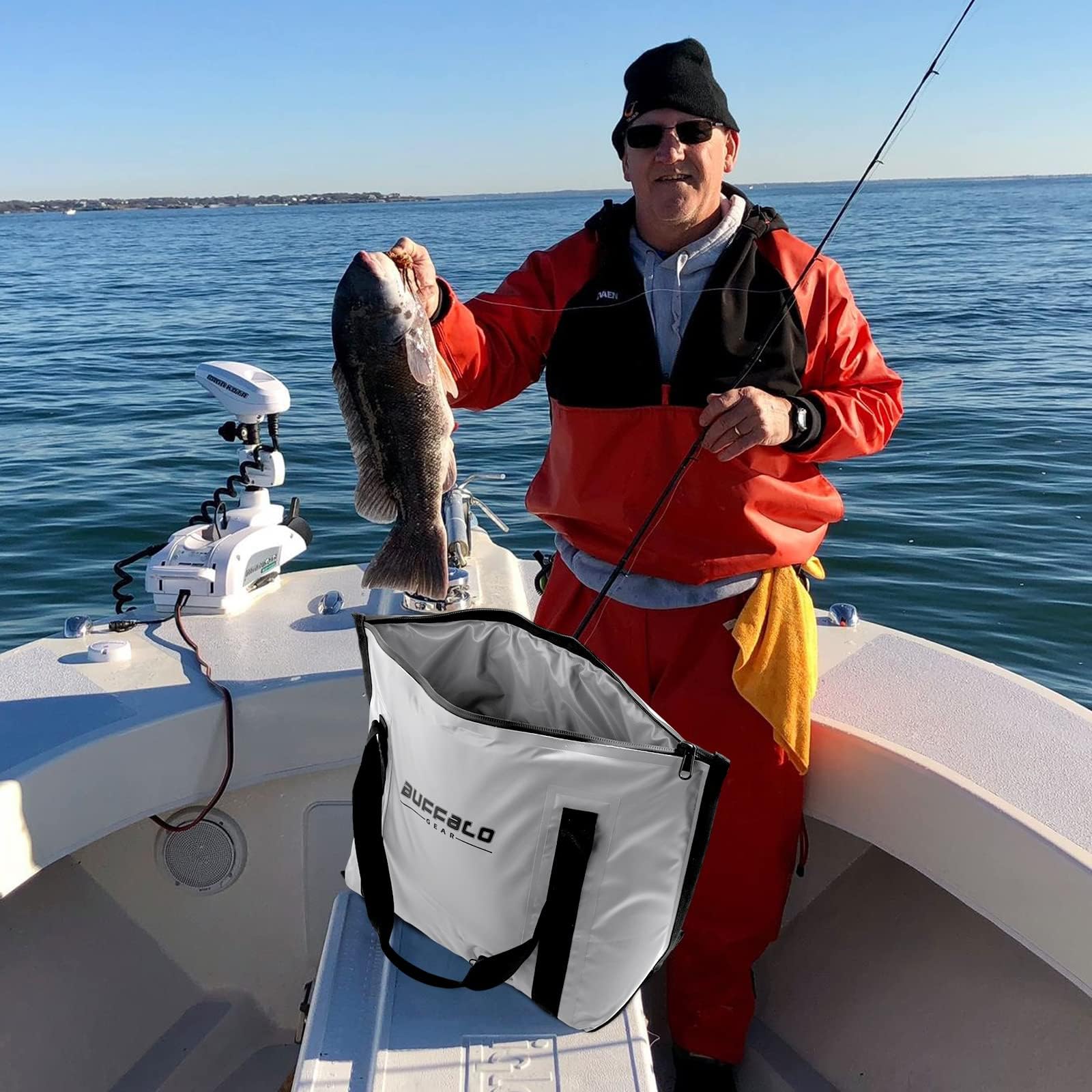 Buffalo Gear fish bag drain plug feature, quick drainage for mess-free use.