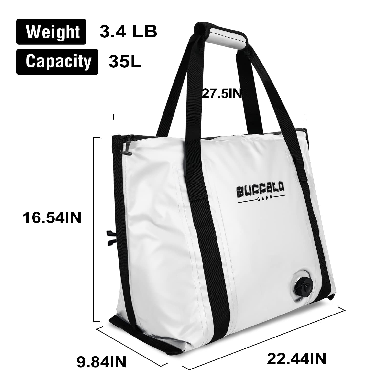Buffalo Gear flat bottom 35L design, stable placement in boat or car.
