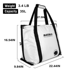 Buffalo Gear flat bottom 35L design, stable placement in boat or car.
