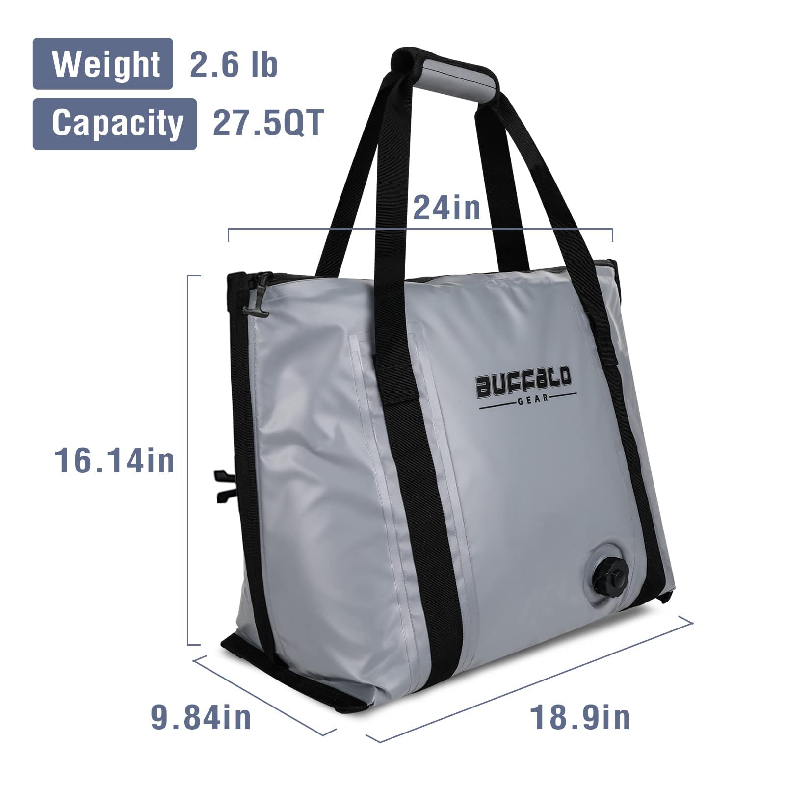 Buffalo Gear gray fish transport bag keeps catch fresh during trips.