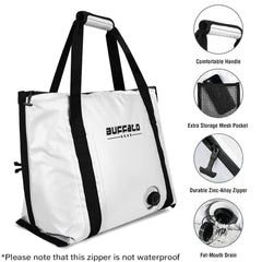 Buffalo Gear heat-welded seams indicate leakproof lining for mess-free transport.