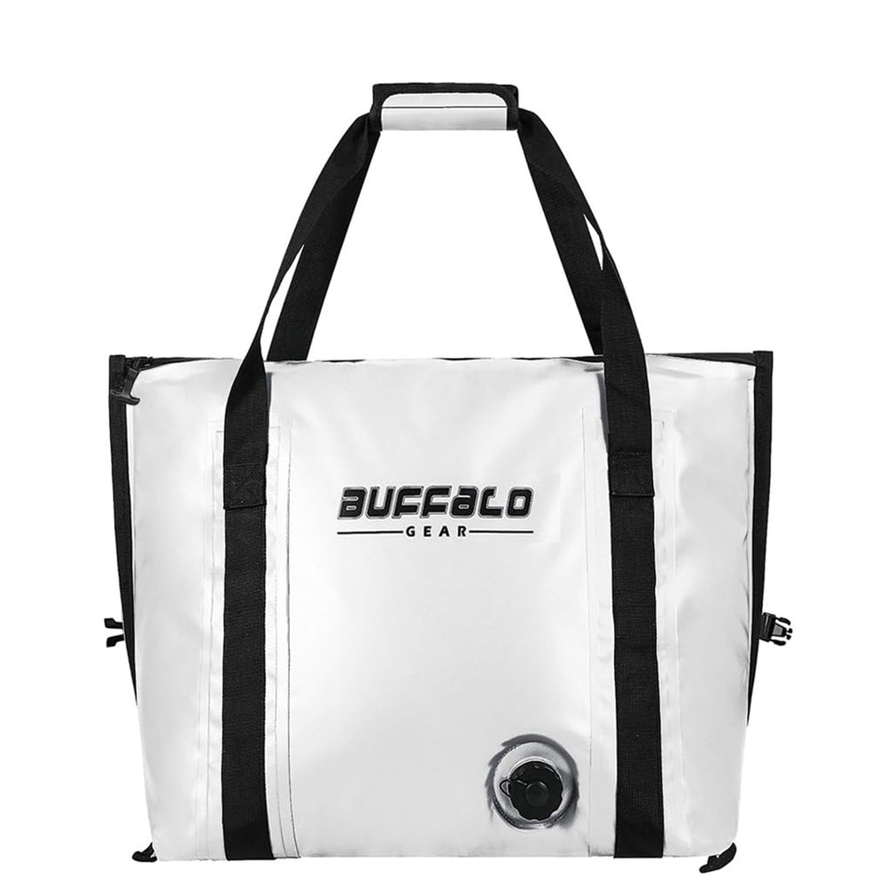 Buffalo Gear insulated fish bag cooler in white, top view shows stable, easy transport.