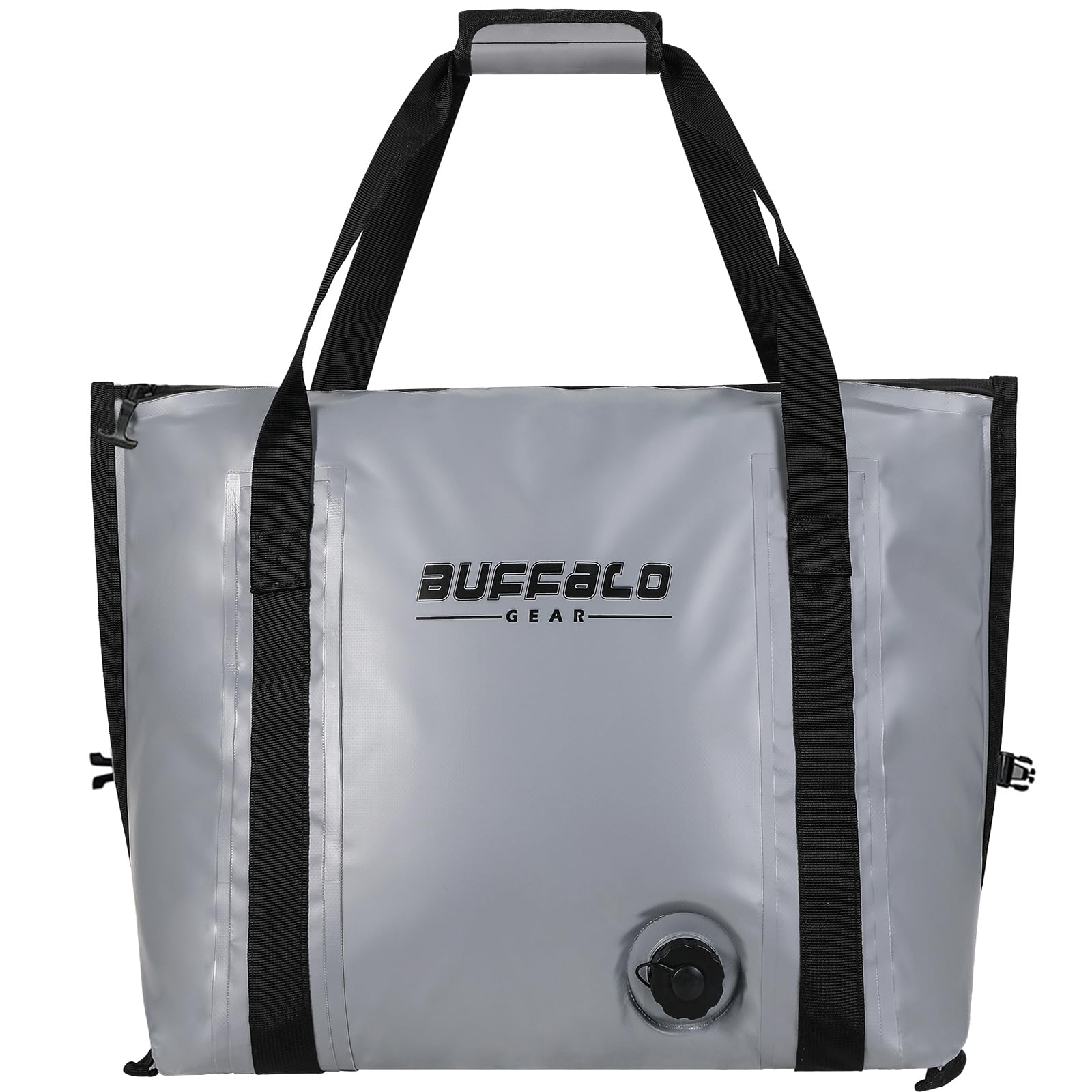 Buffalo Gear insulated fish cooler bag flat-bottom gray side view for stable transport.