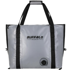 Buffalo Gear insulated fish cooler bag flat-bottom gray side view for stable transport.