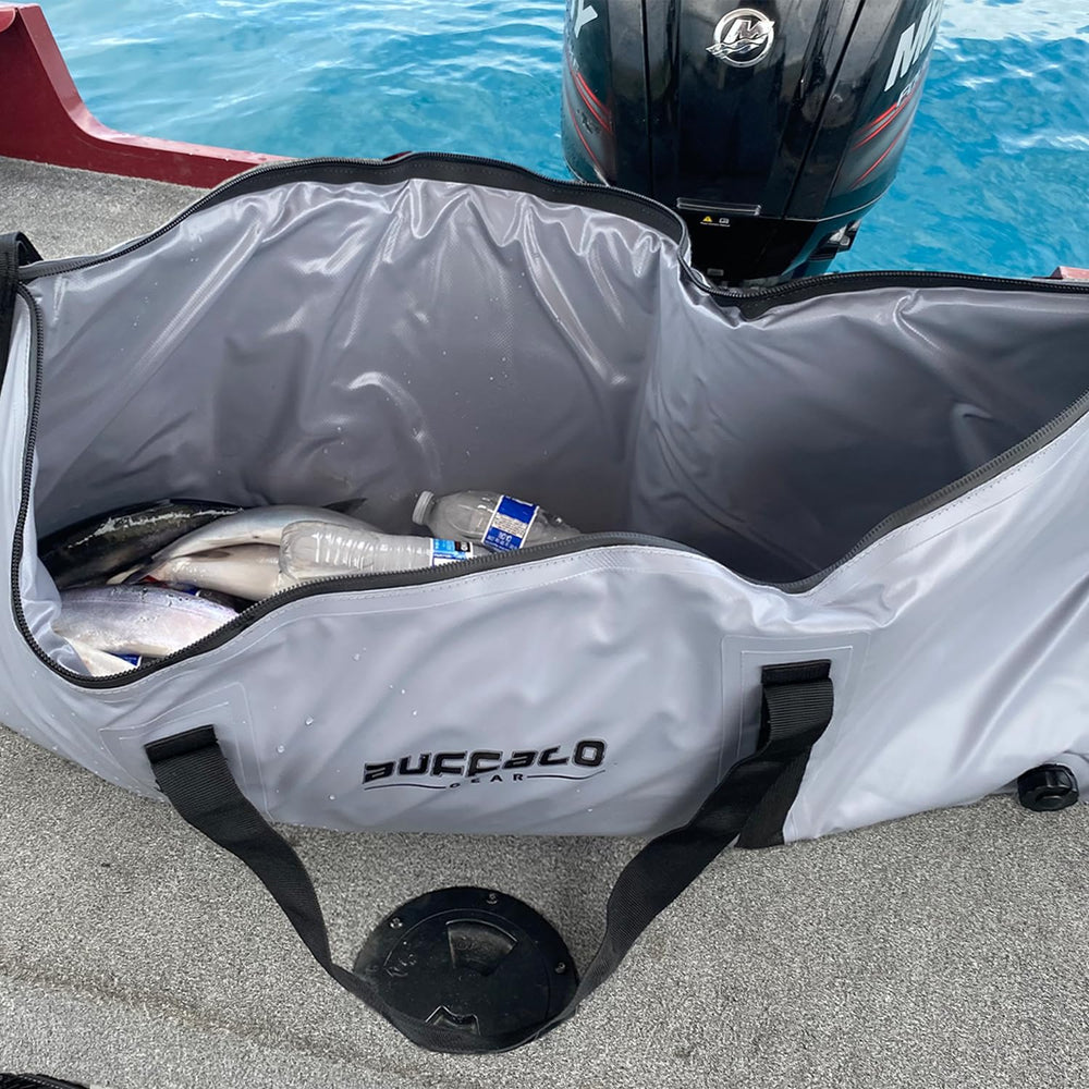 Buffalo Gear insulated fish kill bag on boat shows ice keeping catch cold