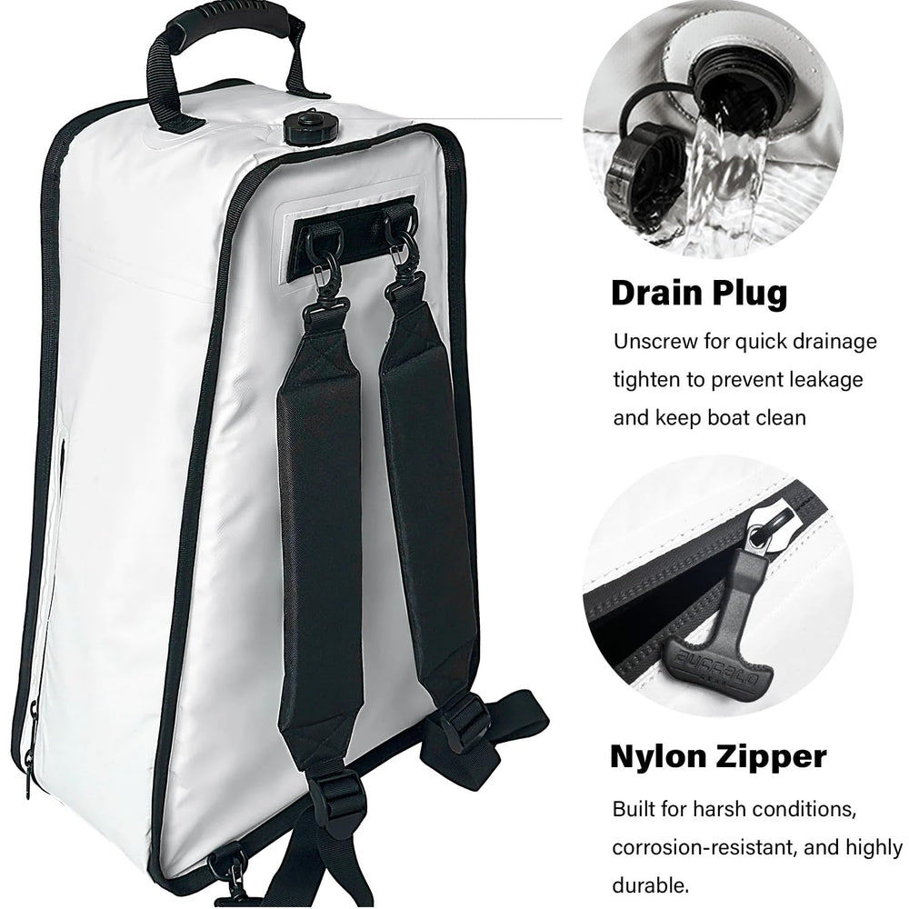 Buffalo Gear kayak fish cooler bag features a drain valve for quick cleanup