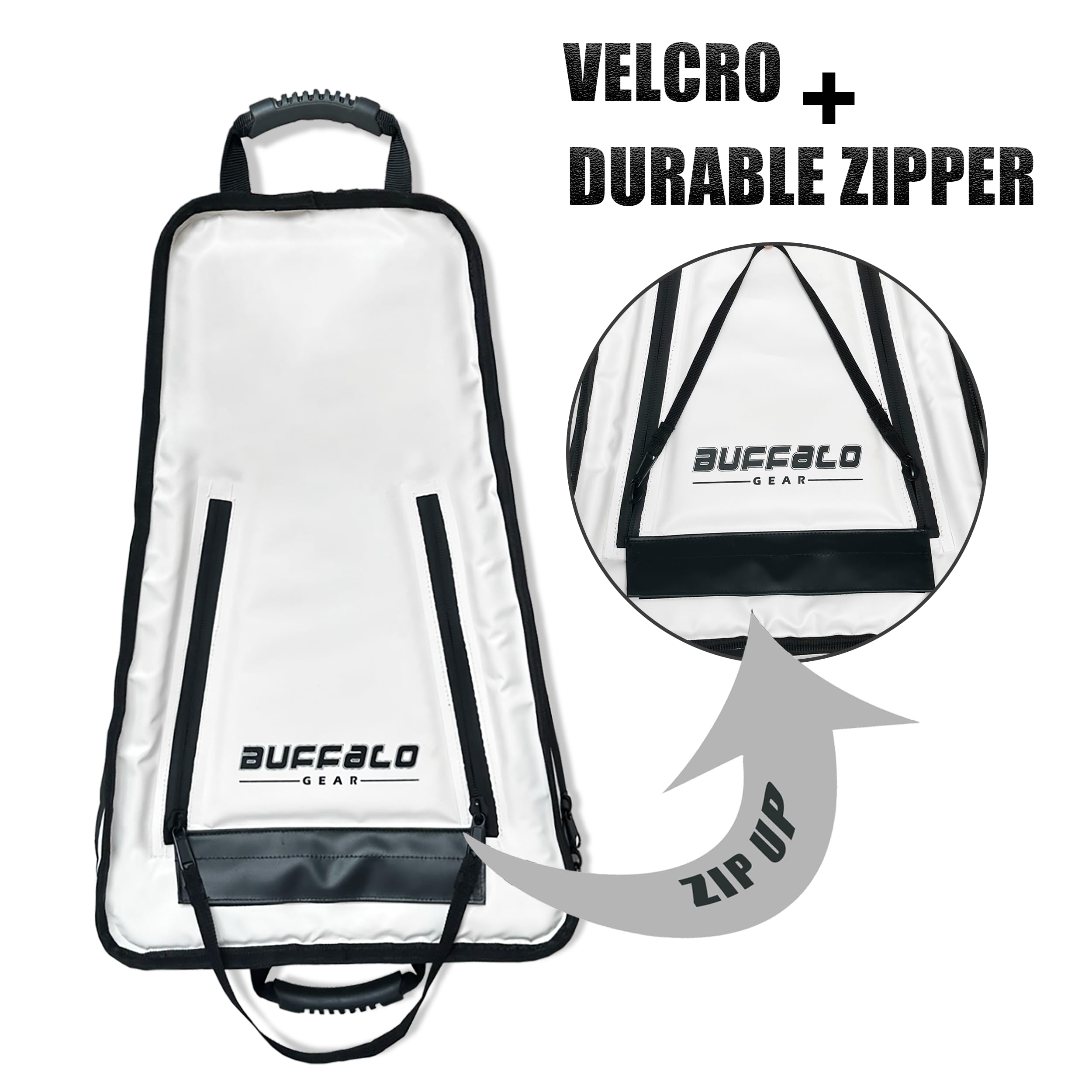 Buffalo Gear kayak fish cooler bag on kayak demonstrates portable design