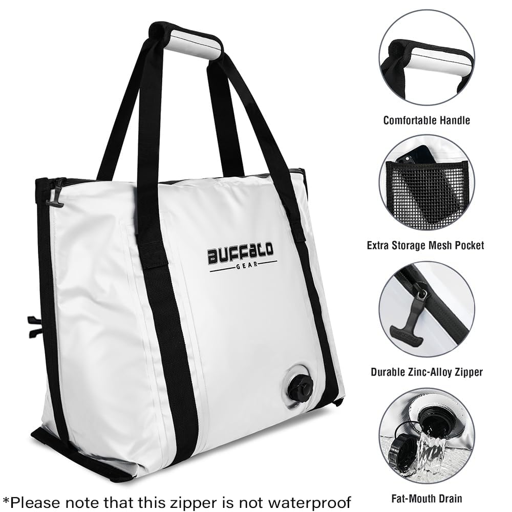 Buffalo Gear white waterproof fish bag, showing puncture-resistant material and easy cleaning.