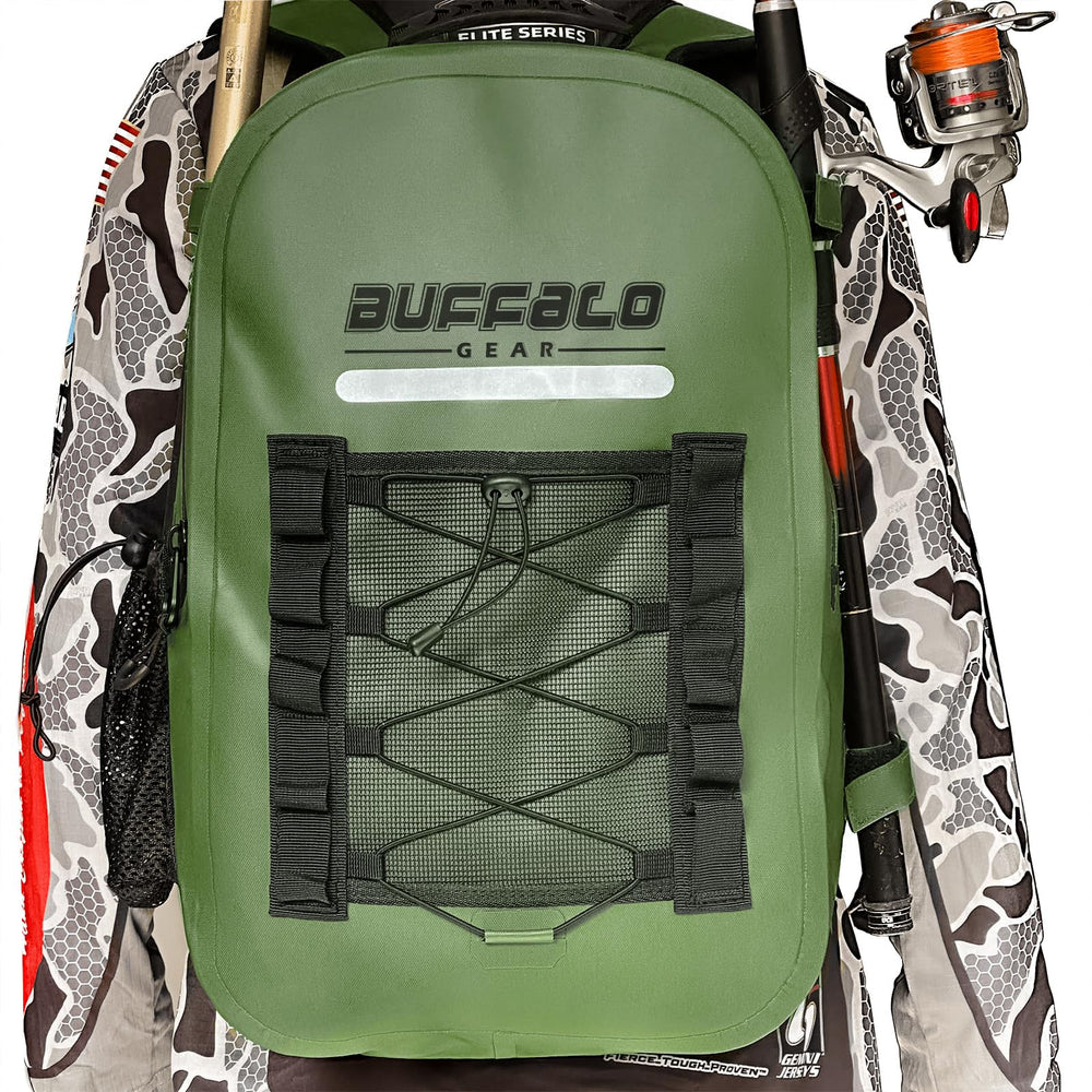 Buffalo Gear 26L Green Waterproof Fishing Backpack with Rod Holder - front view