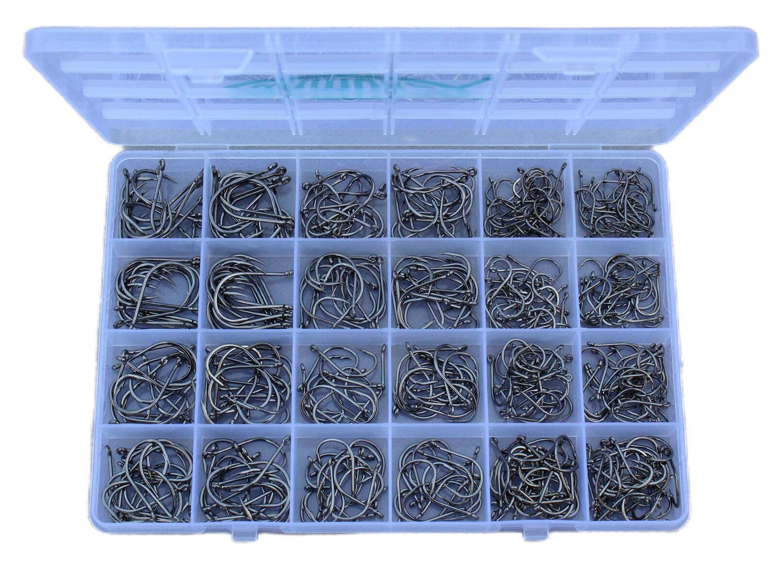 Bulk fishing hooks set in a compartmented plastic box