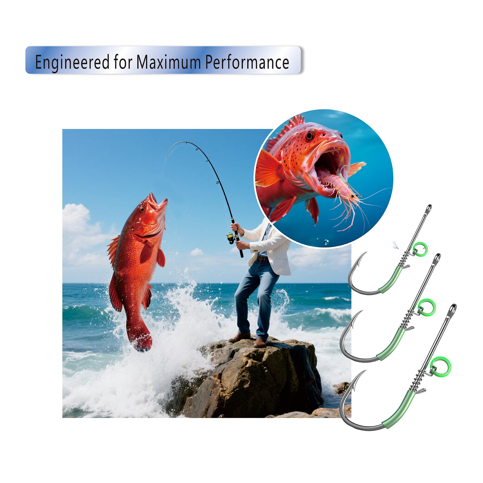 Bulk pack of luminous shrimp hooks in a storage case