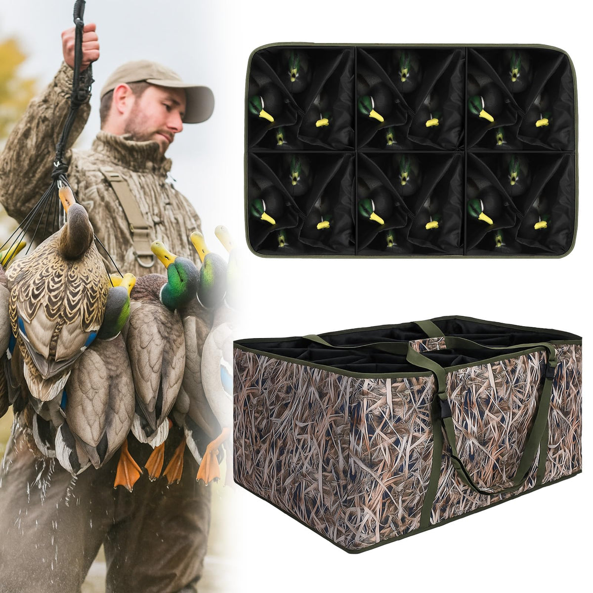 Bulyoou 24-slot duck decoy bag with open compartments for fast decoy arrangement.