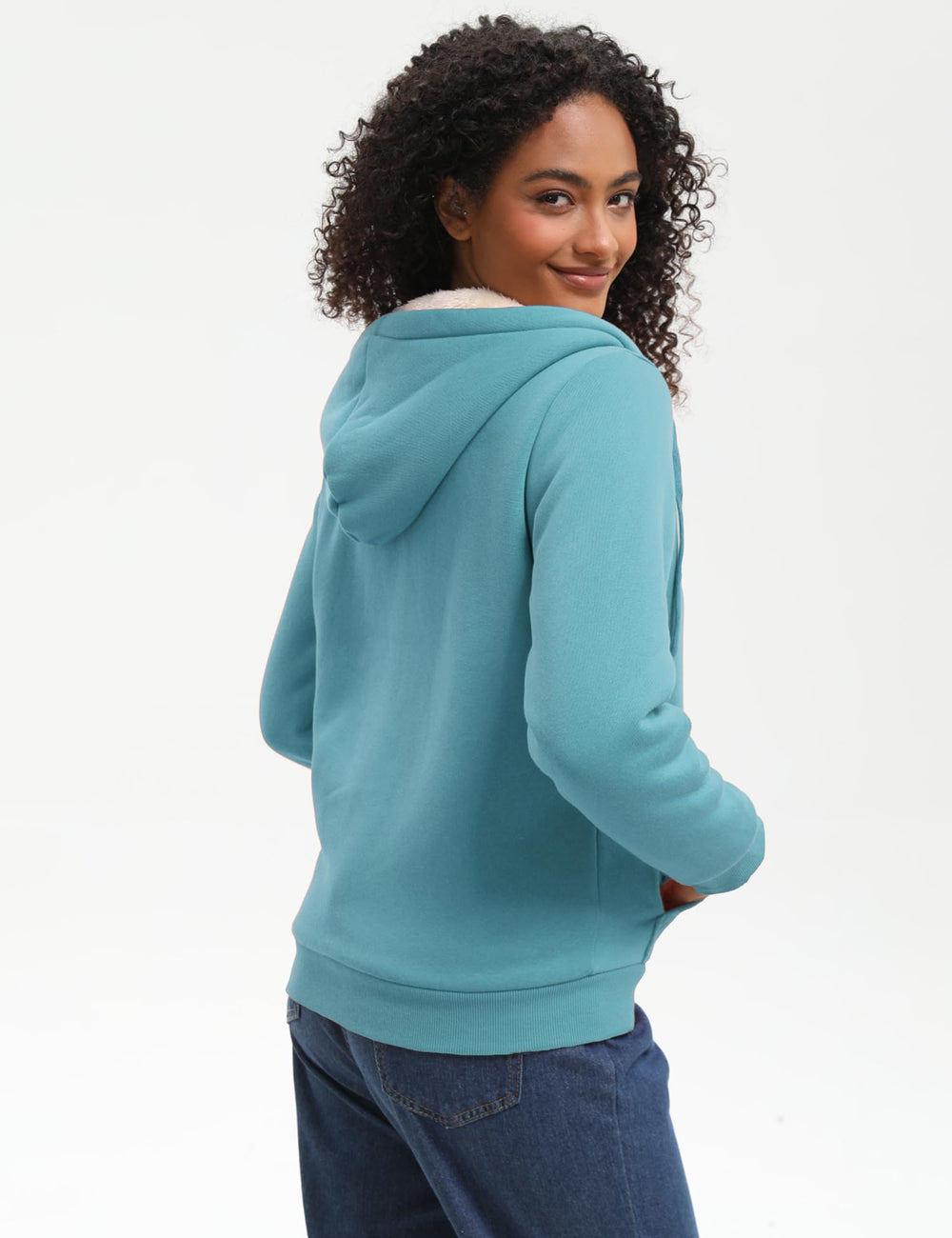 Bumeex womens sherpa jacket worn on model for casual fall layering