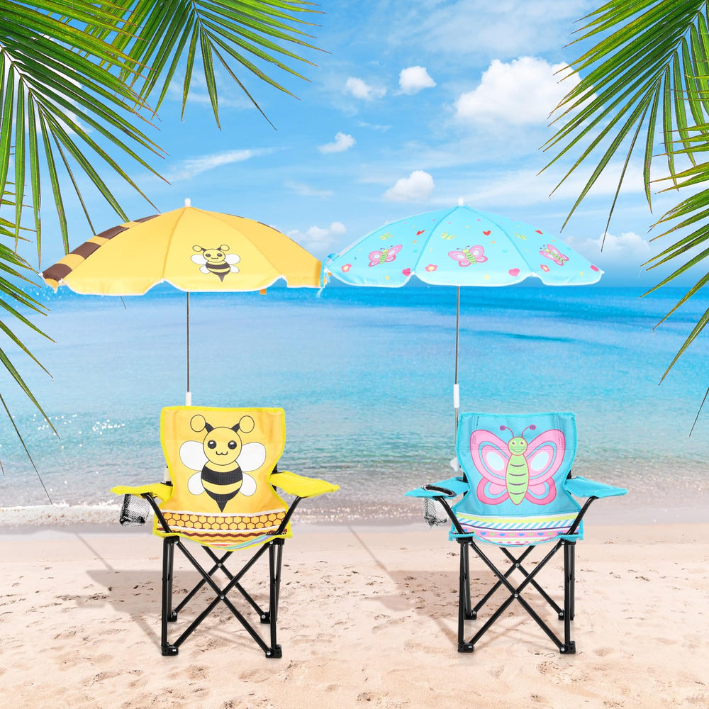Burbell kids beach chair with umbrella setup, stable shade for outdoor play.