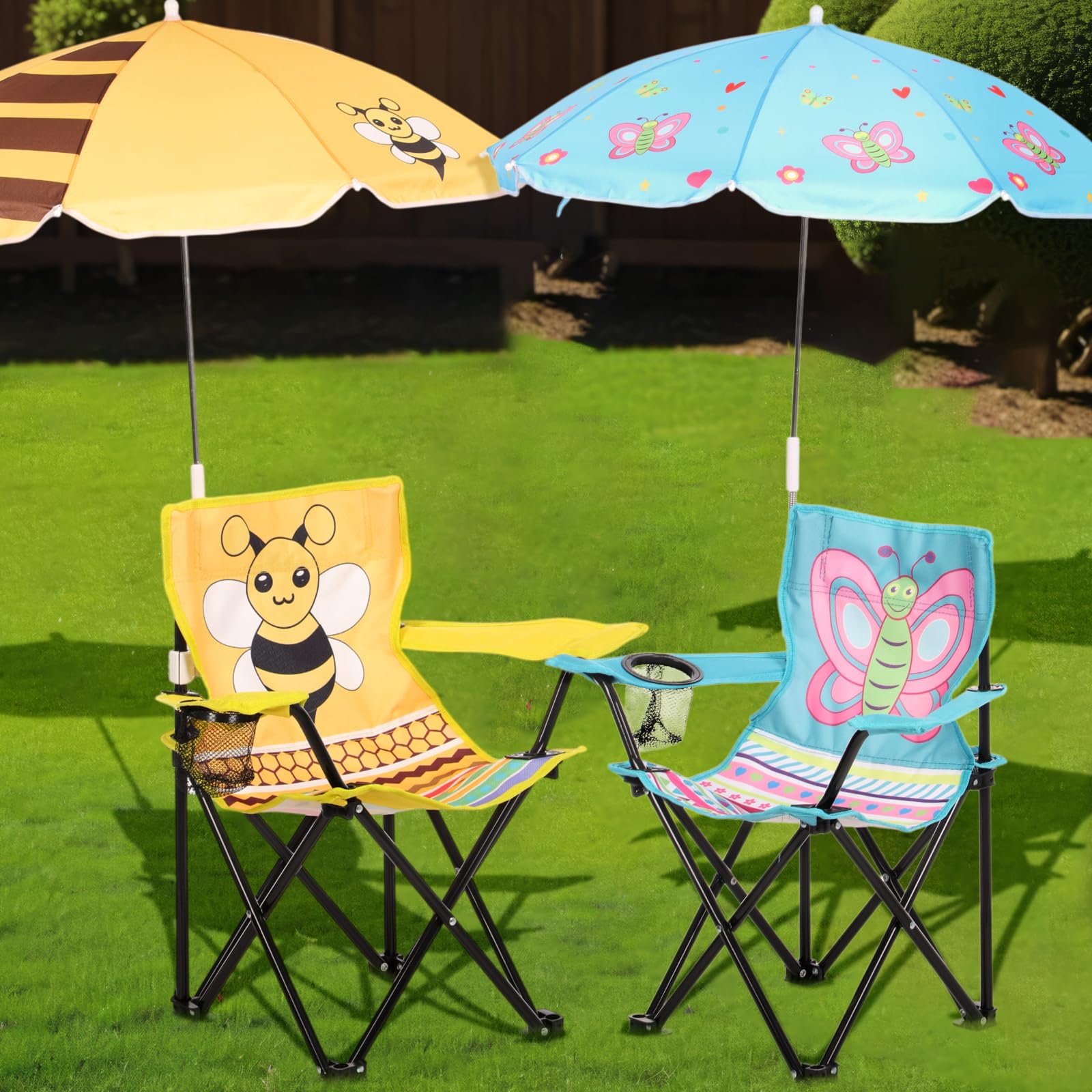 Burbell butterfly-bee design in a garden setting, appealing for kids' outdoor moments.