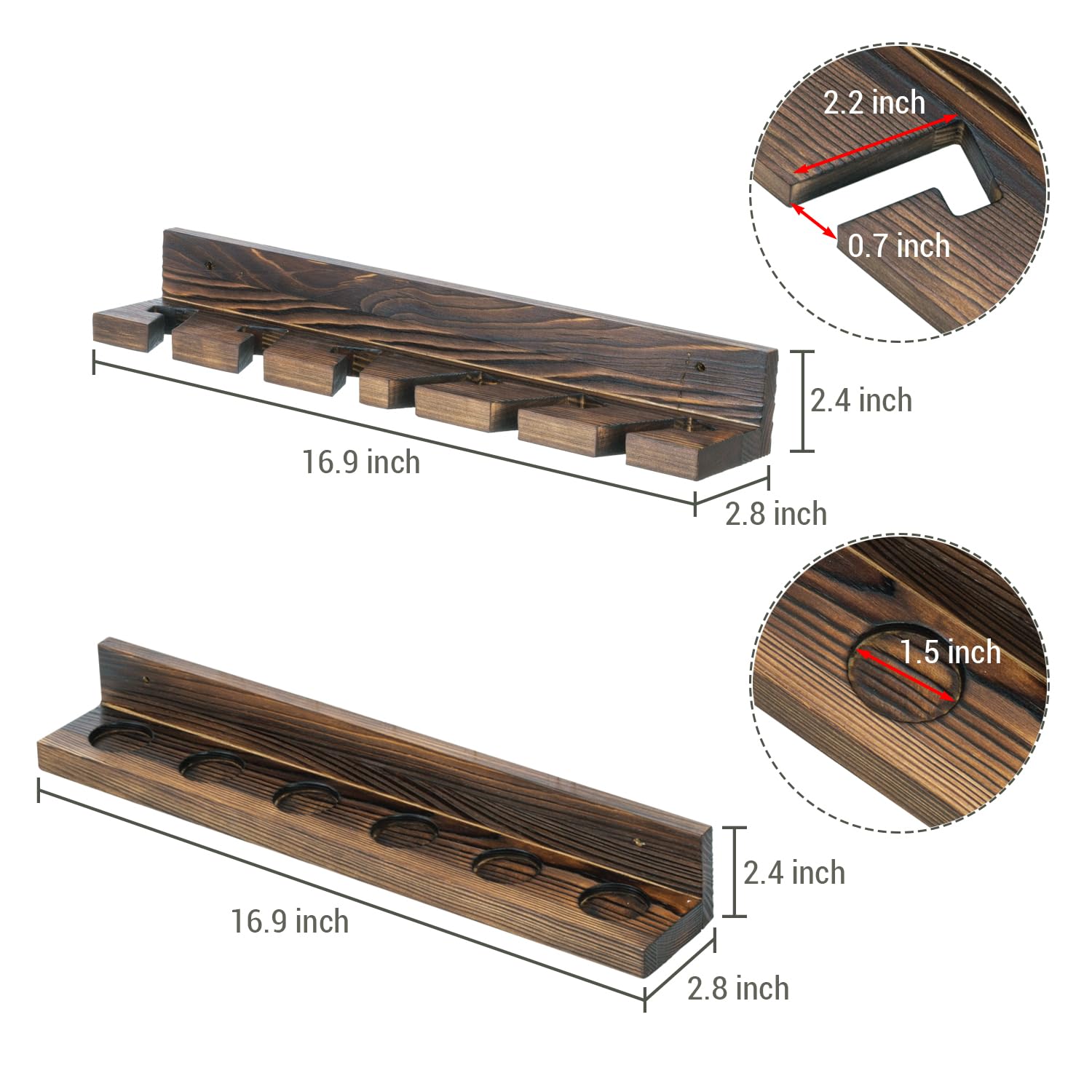 Burnt brown solid wood fishing pole holder with angled cutouts