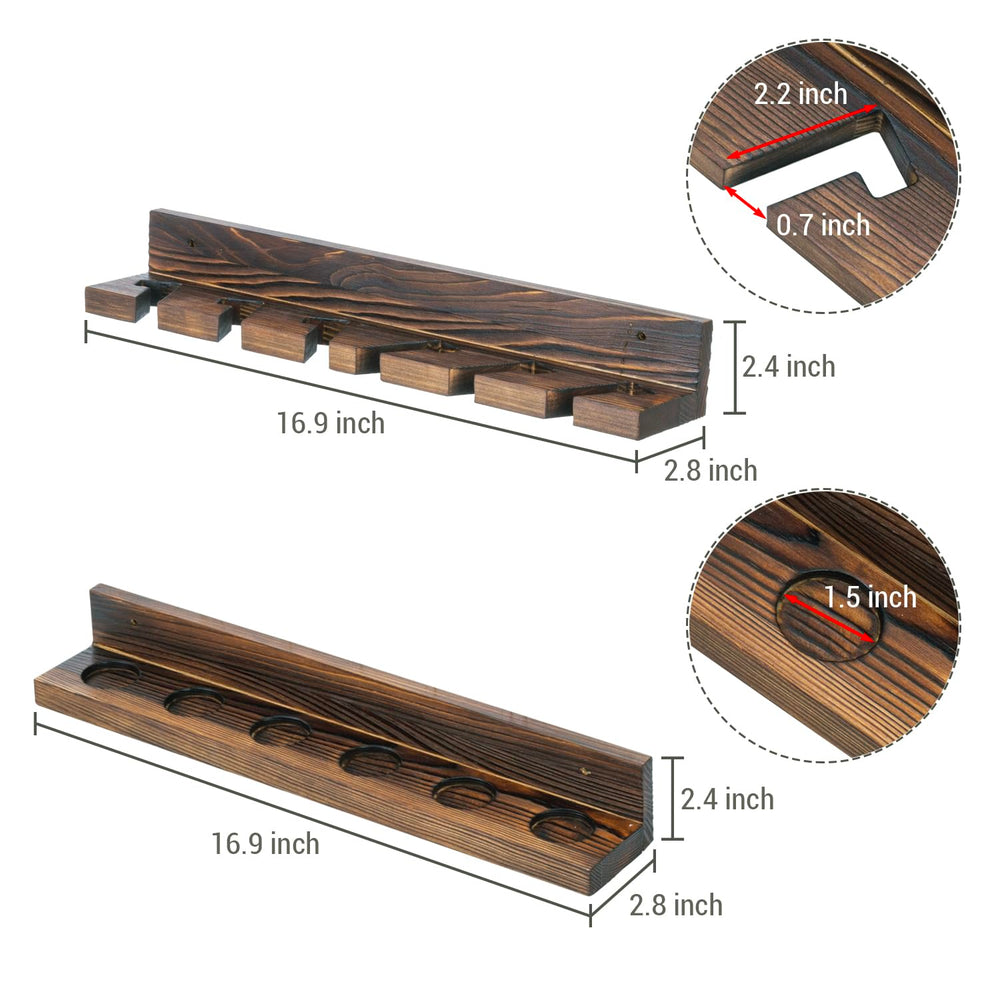 Burnt brown solid wood fishing pole holder with angled cutouts
