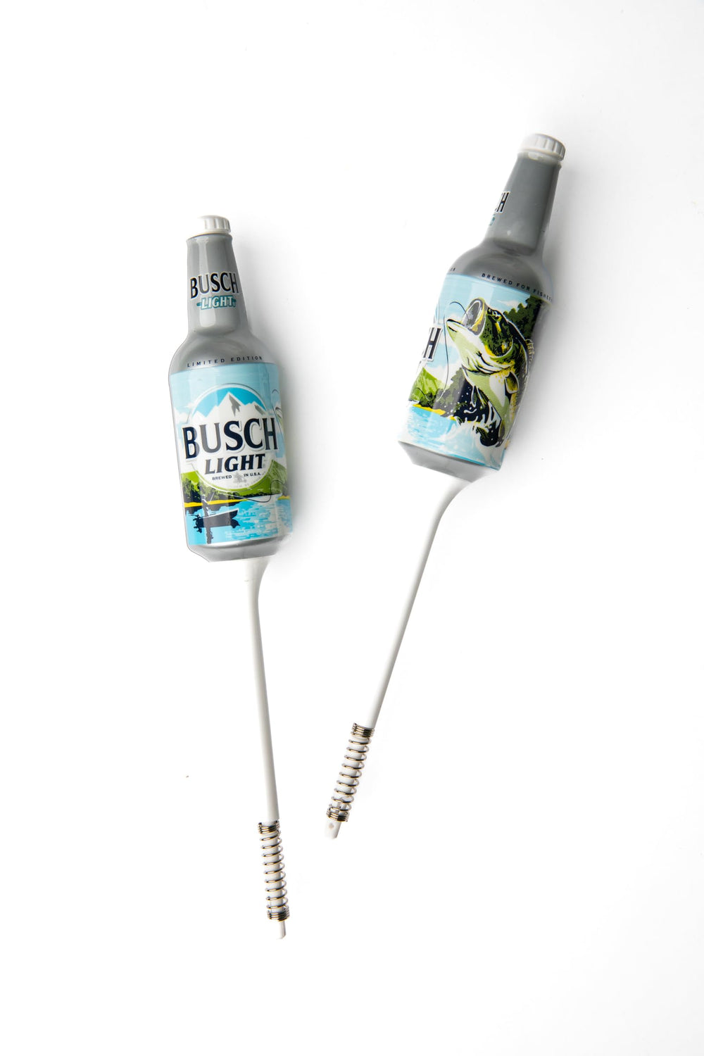 Official Busch Light bottle floats closeup, showing licensed authenticity and durable construction.