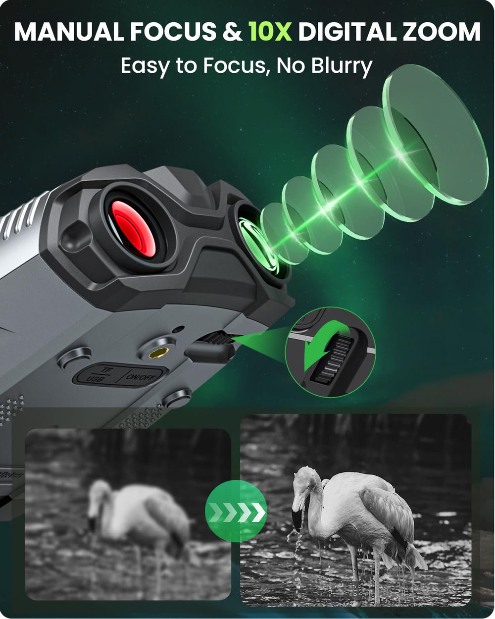 BUSHBINOC 4000mAh battery enables day sessions and infrared use without frequent charging.