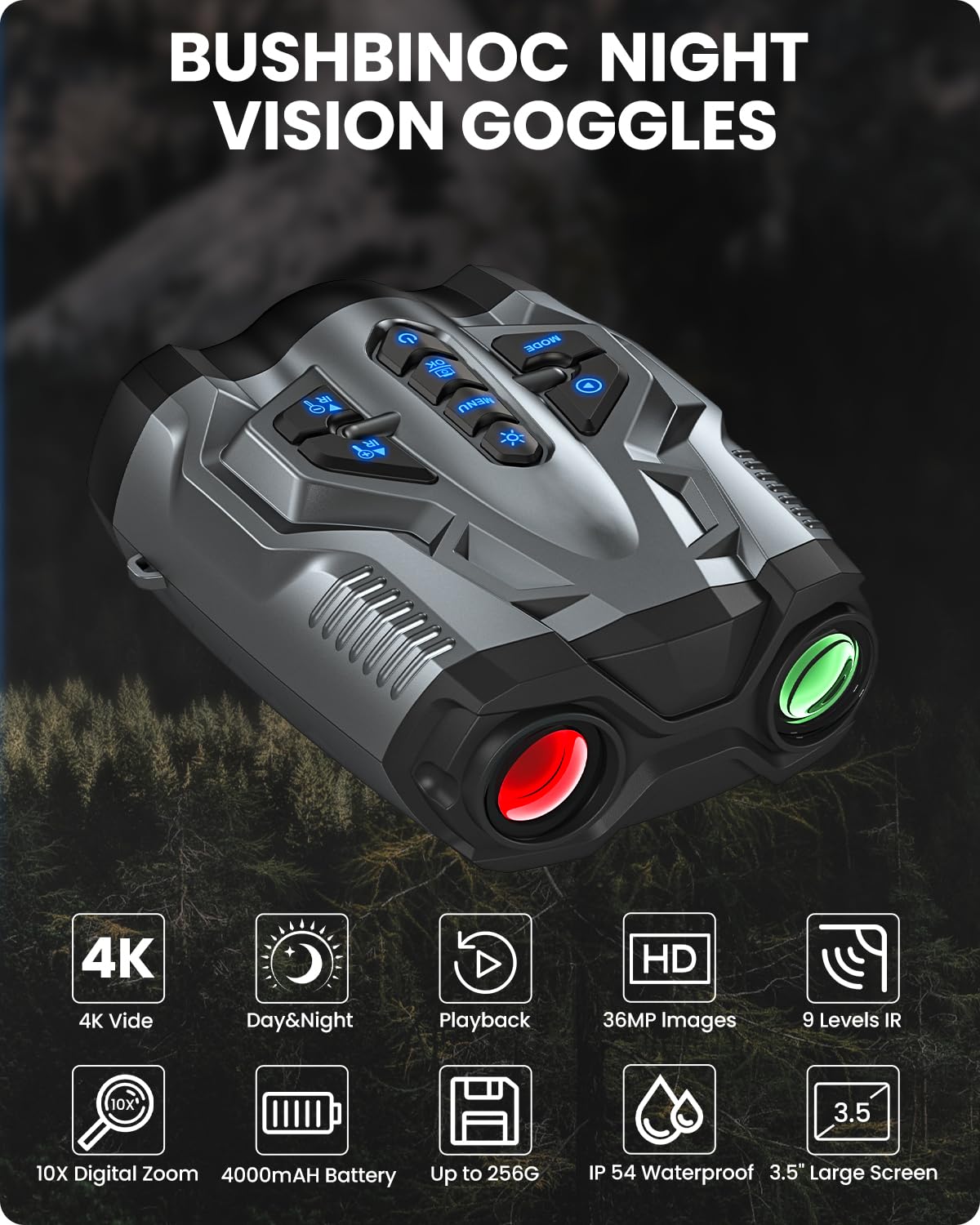 BUSHBINOC 4K night vision goggles side view highlighting ergonomic grip for extended use.