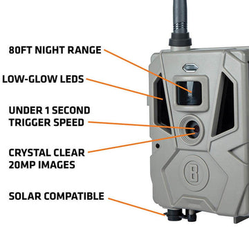 Bushnell CelluCORE 20 trail camera shows 80-foot night range for extended surveillance.