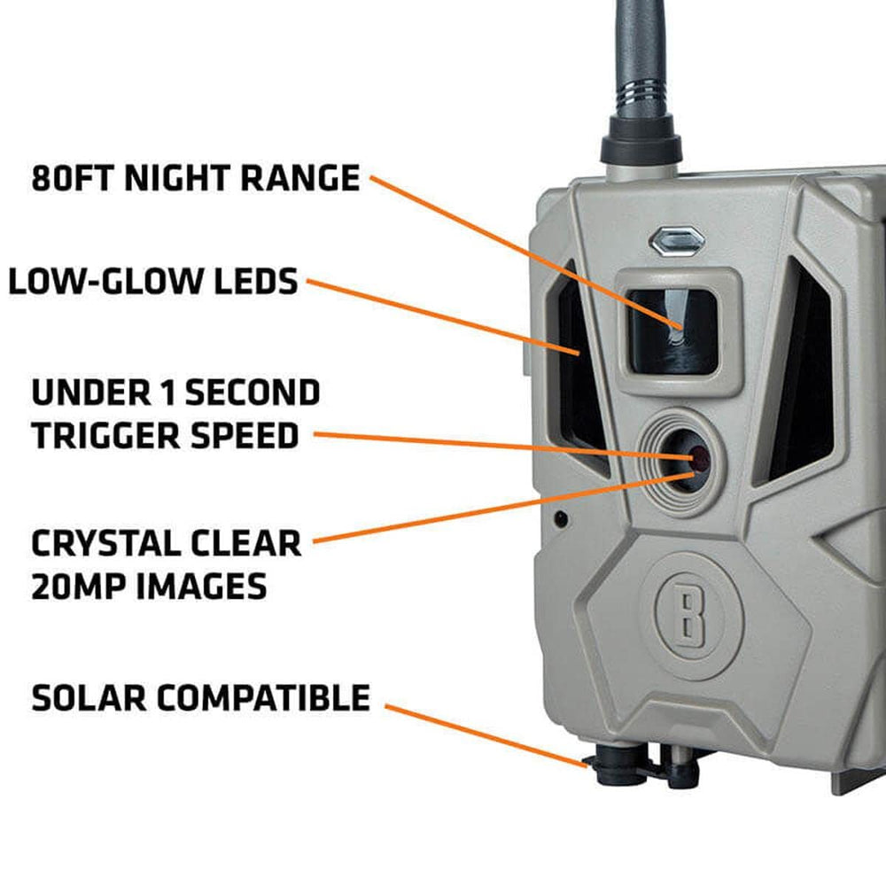 Bushnell CelluCORE 20 trail camera shows 80-foot night range for extended surveillance.